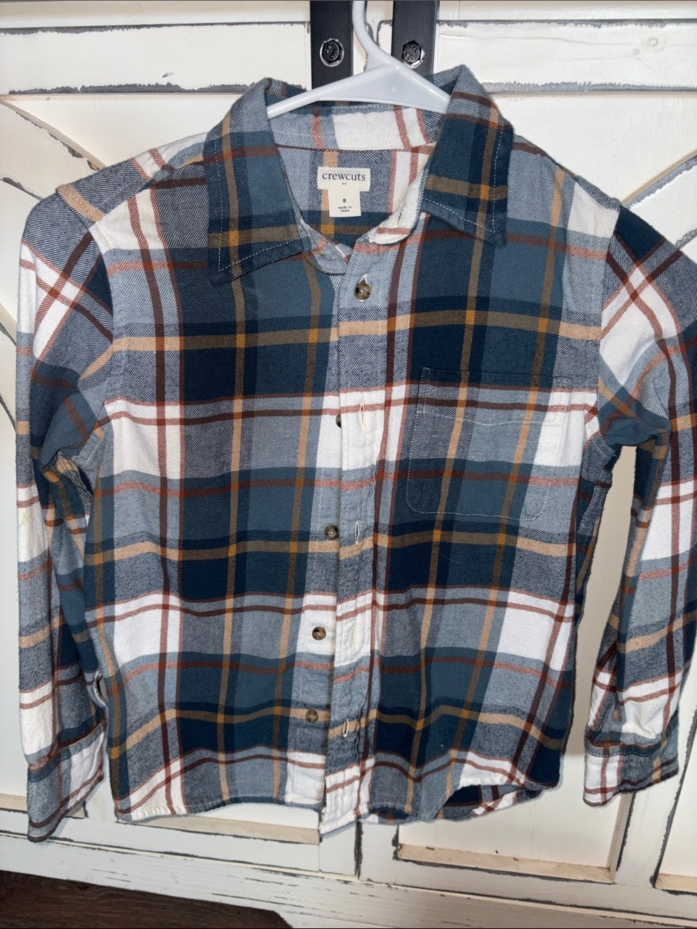 crewcuts Blue and White Plaid Button-Down Shirt with Brown Accents